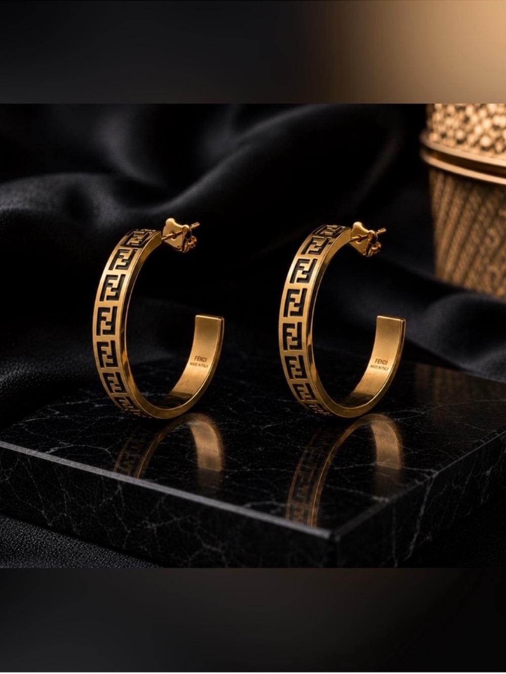 Luxury Gold and Black FF Logo Hoop Earrings